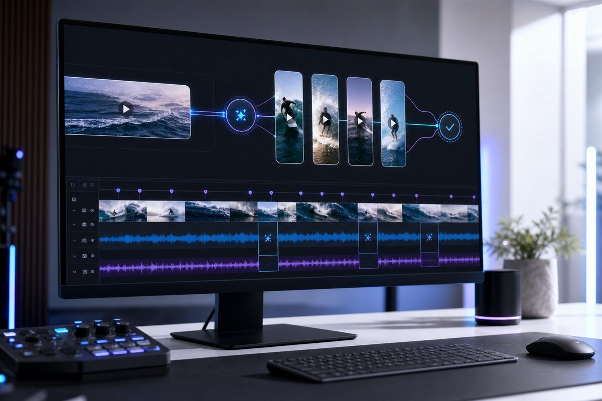 Flujo de edición de video que transforma un stream en clips verticales